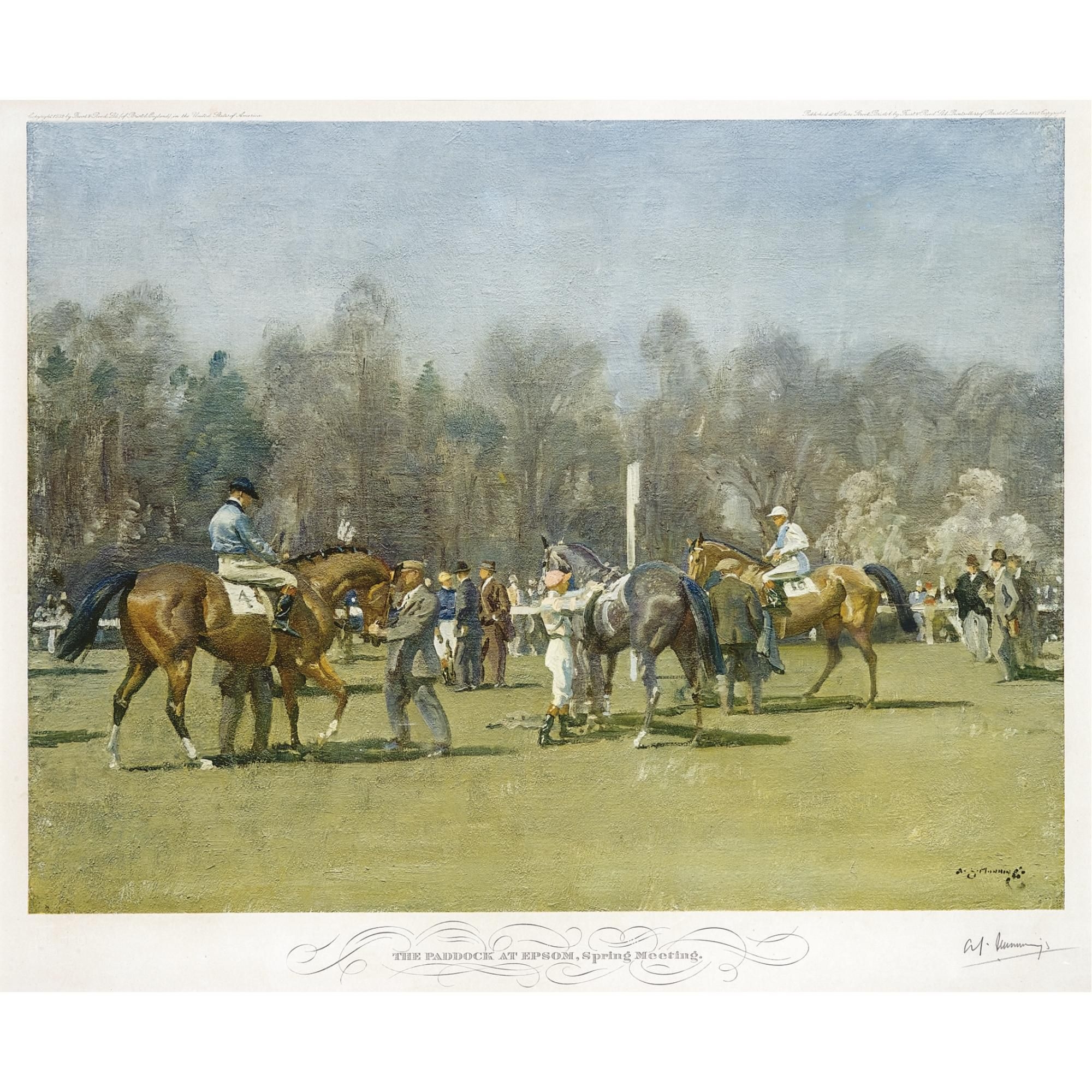 Artwork by Sir Alfred James Munnings, The Paddock at Epsom, Spring Meeting, Made of photolithograph