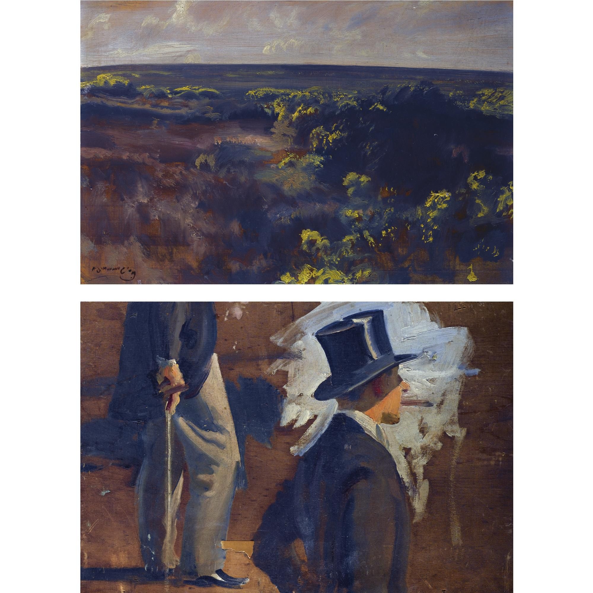 Artwork by Sir Alfred James Munnings, Recto Blossom Withypool Verso Top hats, Made of oil on panel