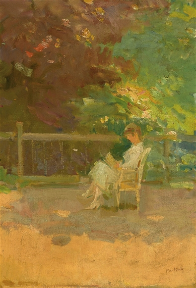 a woman reading in a garden by Isaac Israëls