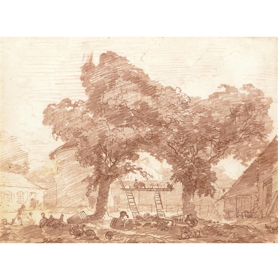 a farmyard with turkeys and poultry in the foreground, a dog to the right, a château beyond by Jean-Honoré Fragonard