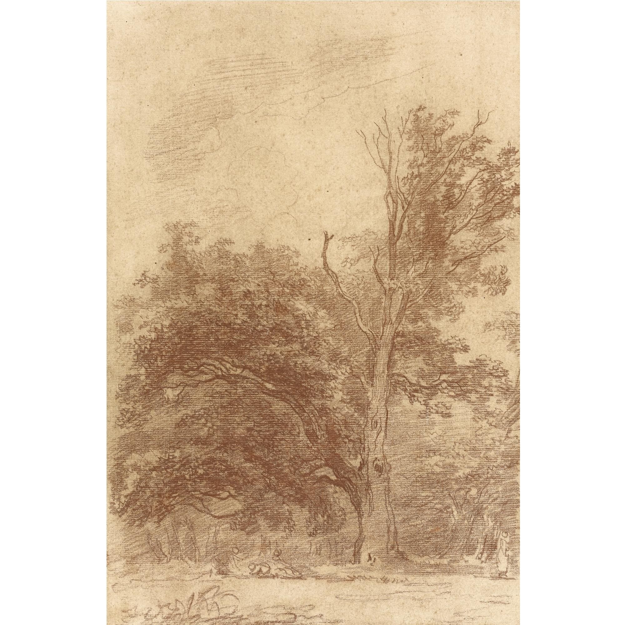 Artwork by Jean-Honoré Fragonard, the edge of a wood, with children playing and other figures, Made of red chalk