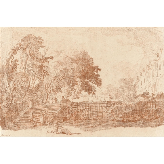 figures in a wooded park, a lady with a wheelbarrow in the foreground