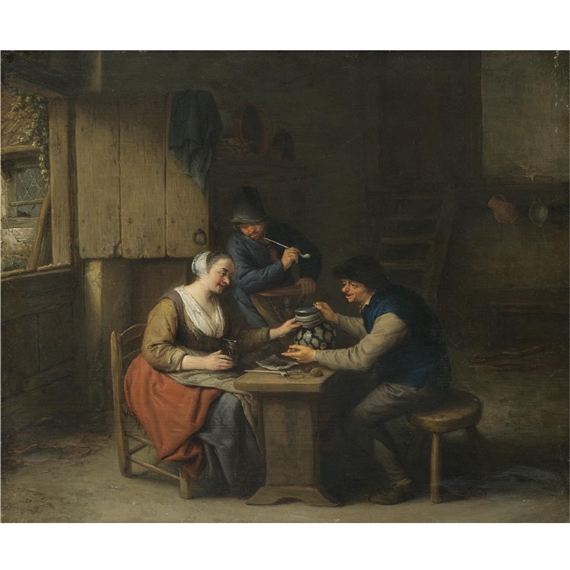 A tavern interior with two boors seated at a table drinking, a third standing behind smoking a pipe