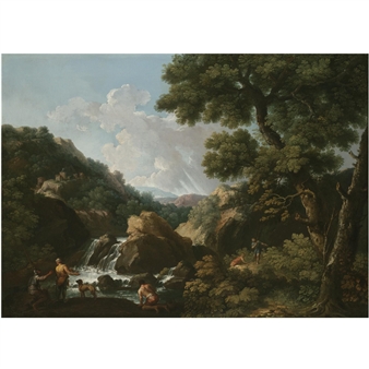 A wooded river landscape with fishermen - Andrea Locatelli