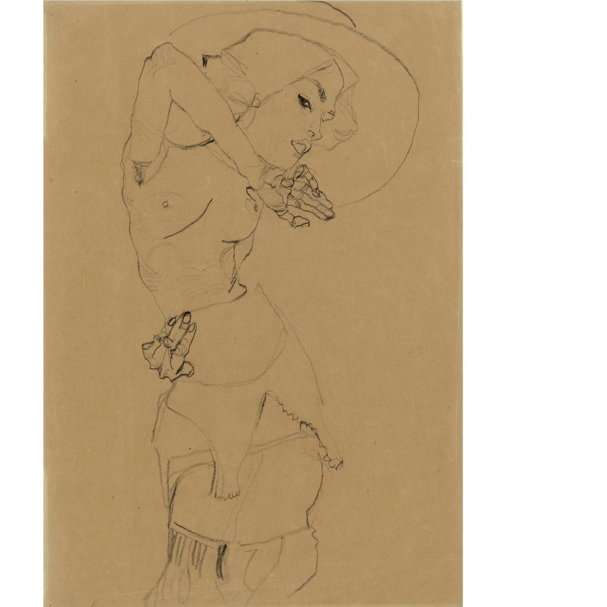 Stehender Akt mit grossem Hut (Gertrude Schiele) Standing nude with large hat (Gertrude Schiele) by Egon Schiele, FullFormat:,year,1910