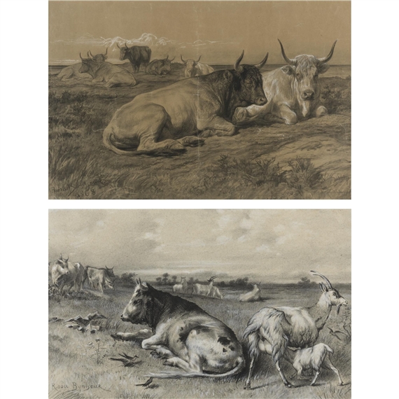 Cattle resting and Cattle and Goats in a landscape (two works) by Rosa Bonheur