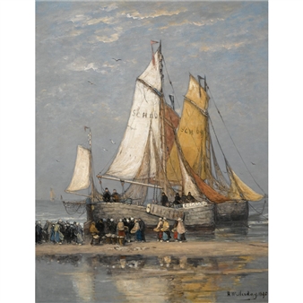 the return of the fishing fleet on Scheveningen beach - Hendrik Willem Mesdag
