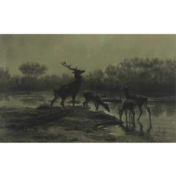 Deer Drinking by a Moonlit Lake