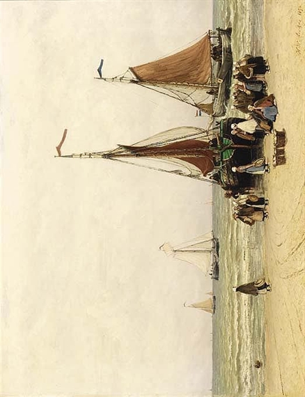 BOMSCHUITEN WITH FISHERWOMEN ON SCHEVENINGEN BEACH by Hendrik Willem Mesdag