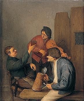 three peasants drinking, smoking and playing the violin in a tavern interior by Adriaen van Ostade