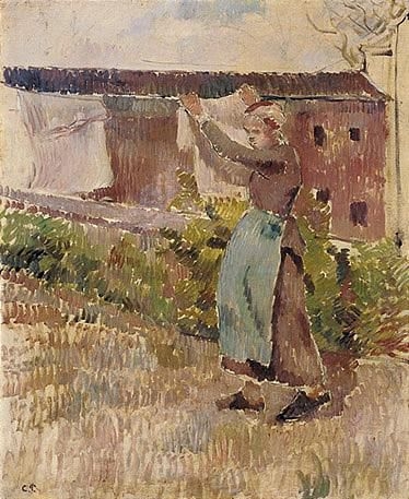 Tableau Toile Camille Pissarro "Femme Lavant Du Linge, Avec Enfant" - Cadre Prêt à Accrocher - Neuf