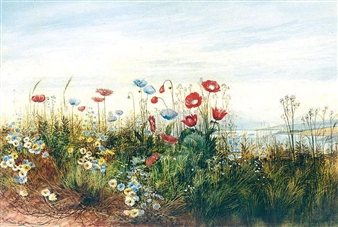 A POPPYFIELD WITH A VIEW OF DOE CASTLE, COUNTY DONEGAL - Andrew Nicholl