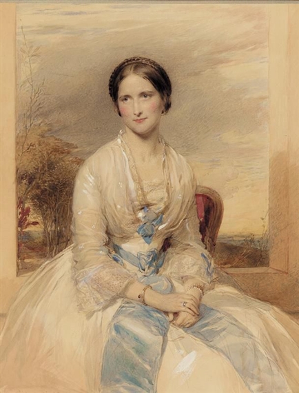 George Richmond | PORTRAIT OF A YOUNG LADY IN A WHITE DRESS WITH A BLUE ...