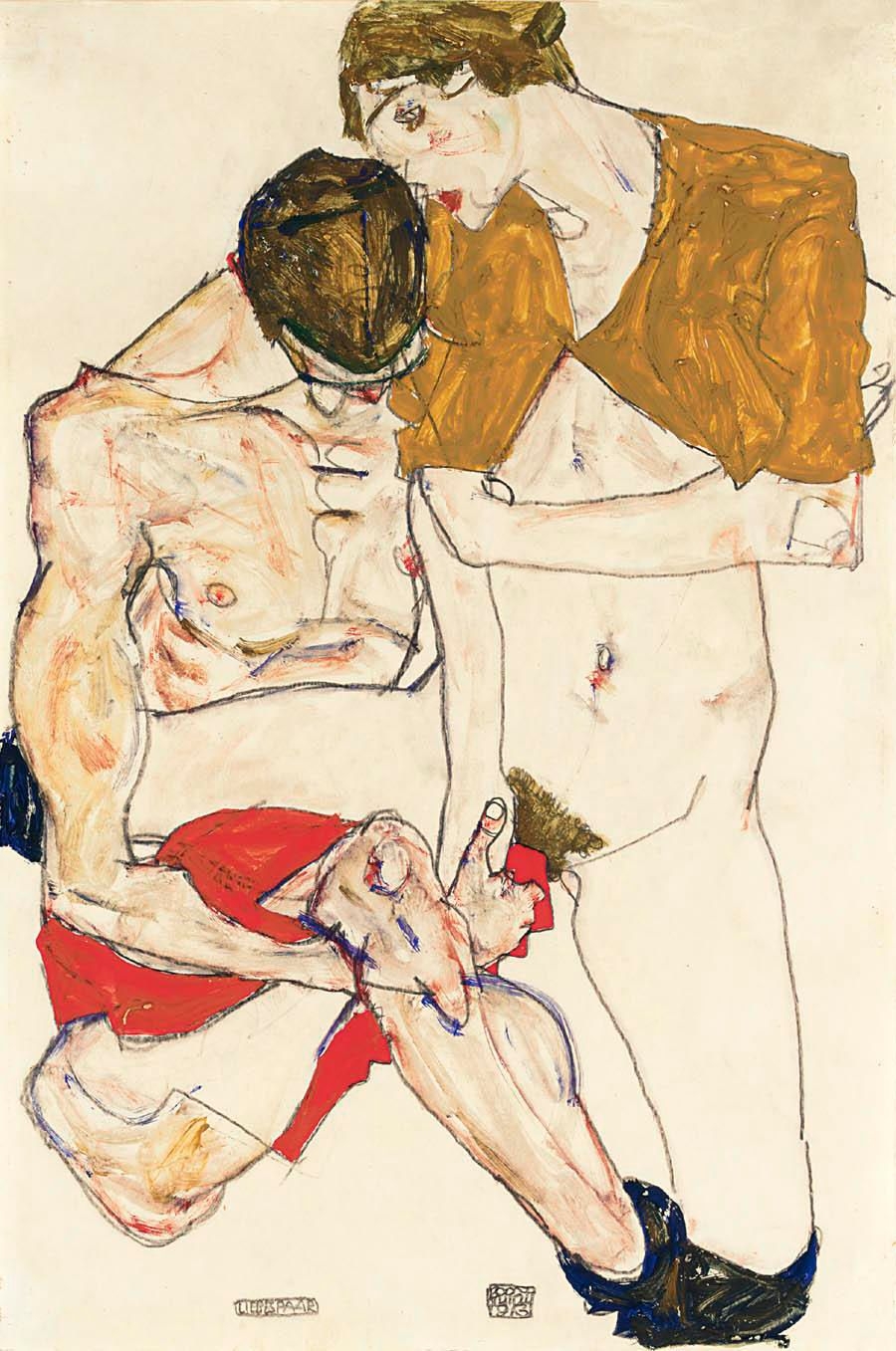 Artwork by Egon Schiele, LIEBESPAAR (LOVERS), Made of Pencil on paper; watercolour and pencil on paper