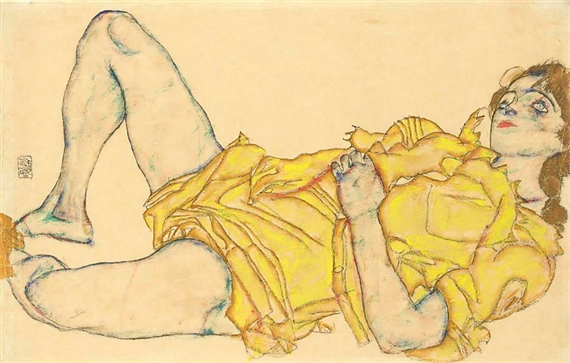 LIEGENDE FRAU IN GELBEM KLEID (RECLINING WOMAN IN YELLOW DRESS) by Egon Schiele