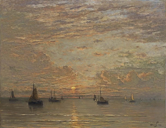 BOMSCHUITEN ON A CALM SEA by Hendrik Willem Mesdag