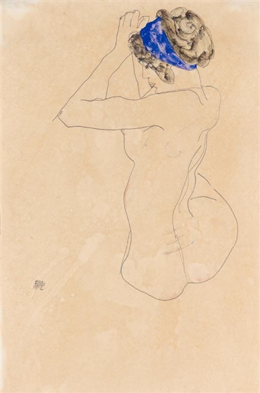 SITZENDER WEIBLICHER AKT MIT BLAUEM KOPFBAND, DIE HÄNDE ERHOBEN (SEATED FEMALE NUDE WITH BLUE HEADBAND, HANDS RAISED) by Egon Schiele