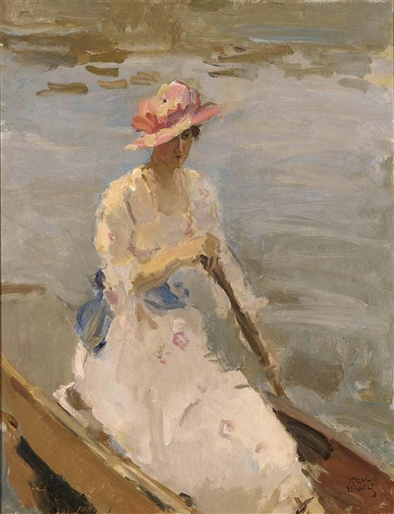 A LADY ON A BOAT ON THE RIVER THAMES, LONDON