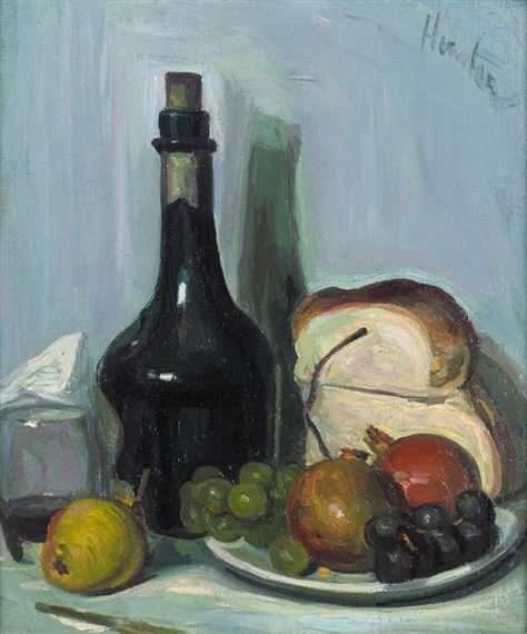 STILL LIFE OF A BOTTLE, BREAD AND FRUIT