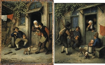 FIGURES SMOKING PIPES BY A COTTAGE DOOR; A BAGPIPE PLAYER PERFORMING TO A FAMILY AT THE DOOR OF THEIR COTTAGE - Adriaen van Ostade