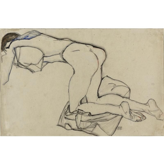 Nacktes Mädchen, mit einer blauen Bluse leicht bekleidet, auf einem Tuch kniend (Nude Girl, Scantily Dressed in a Blue Blouse, Kneeling on a Cloth) by Egon Schiele, FullFormat:,year,1913