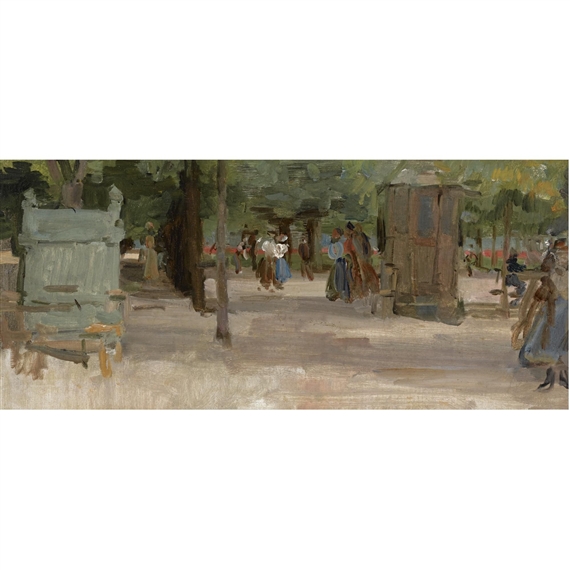 A panoramic oil painting of a sunlit park scene filled with figures and vintage carriages.