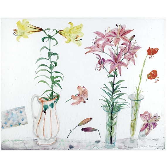 elizabeth-blackadder-still-life-lilies-yellow-pink-and-orange