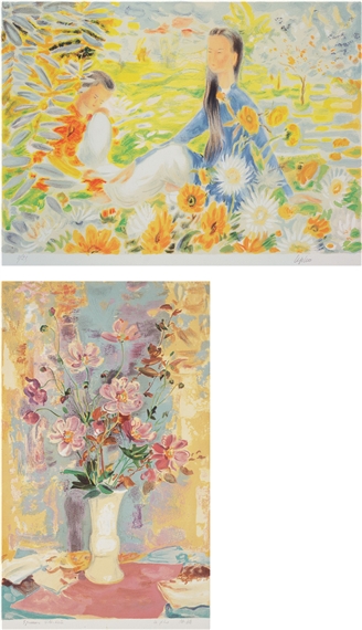 Femme Et Enfant Au Jardin/ Bouquet De Fleurs