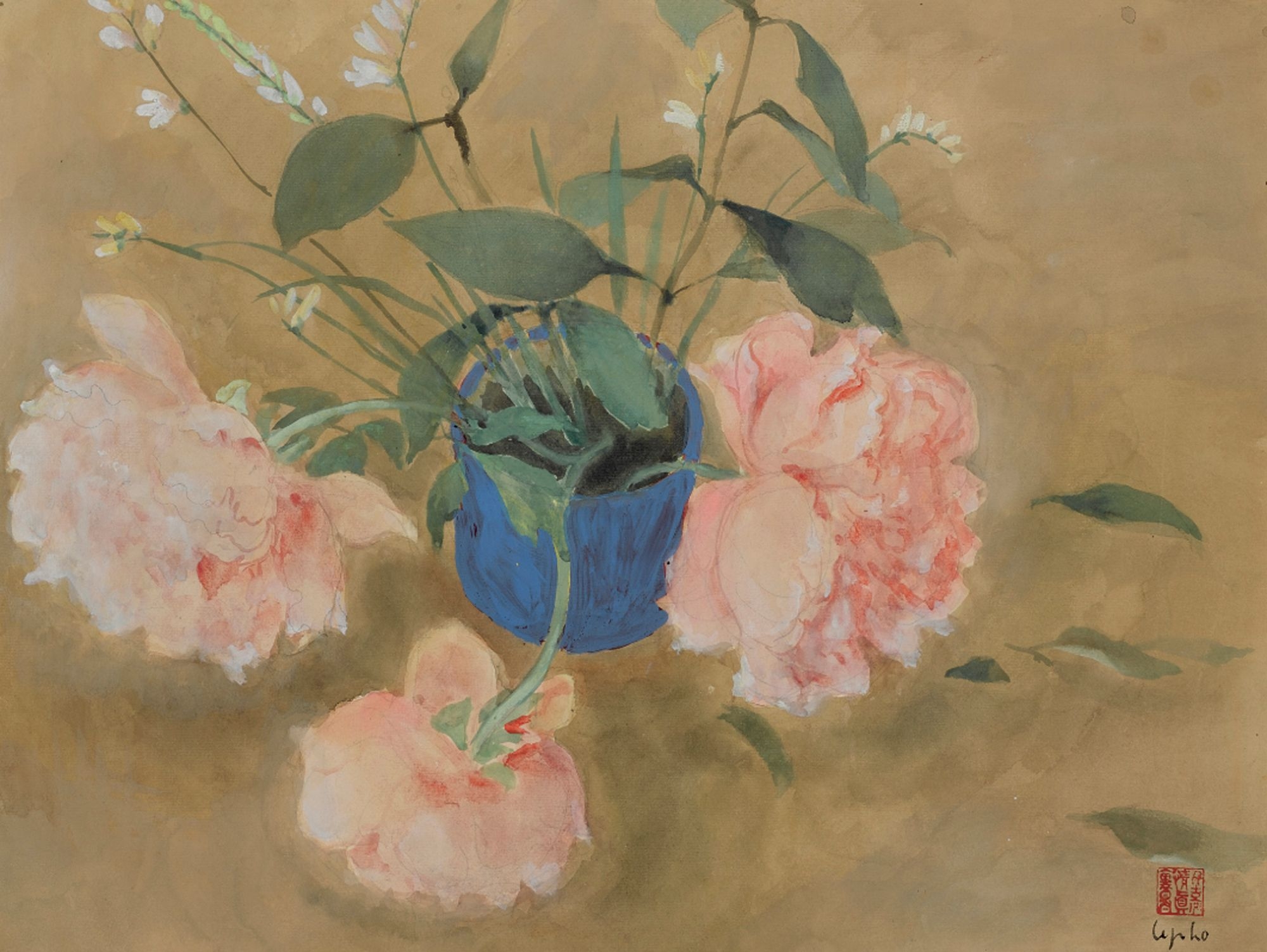 Artwork by Lê Ph?, Vase Bleu Aux Fleurs, Made of watercolour on paper