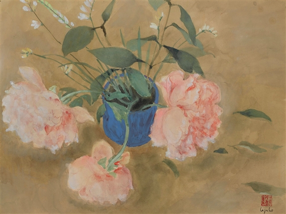 Vase Bleu Aux Fleurs by Lê Ph?, FullFormat:circa,year,1950