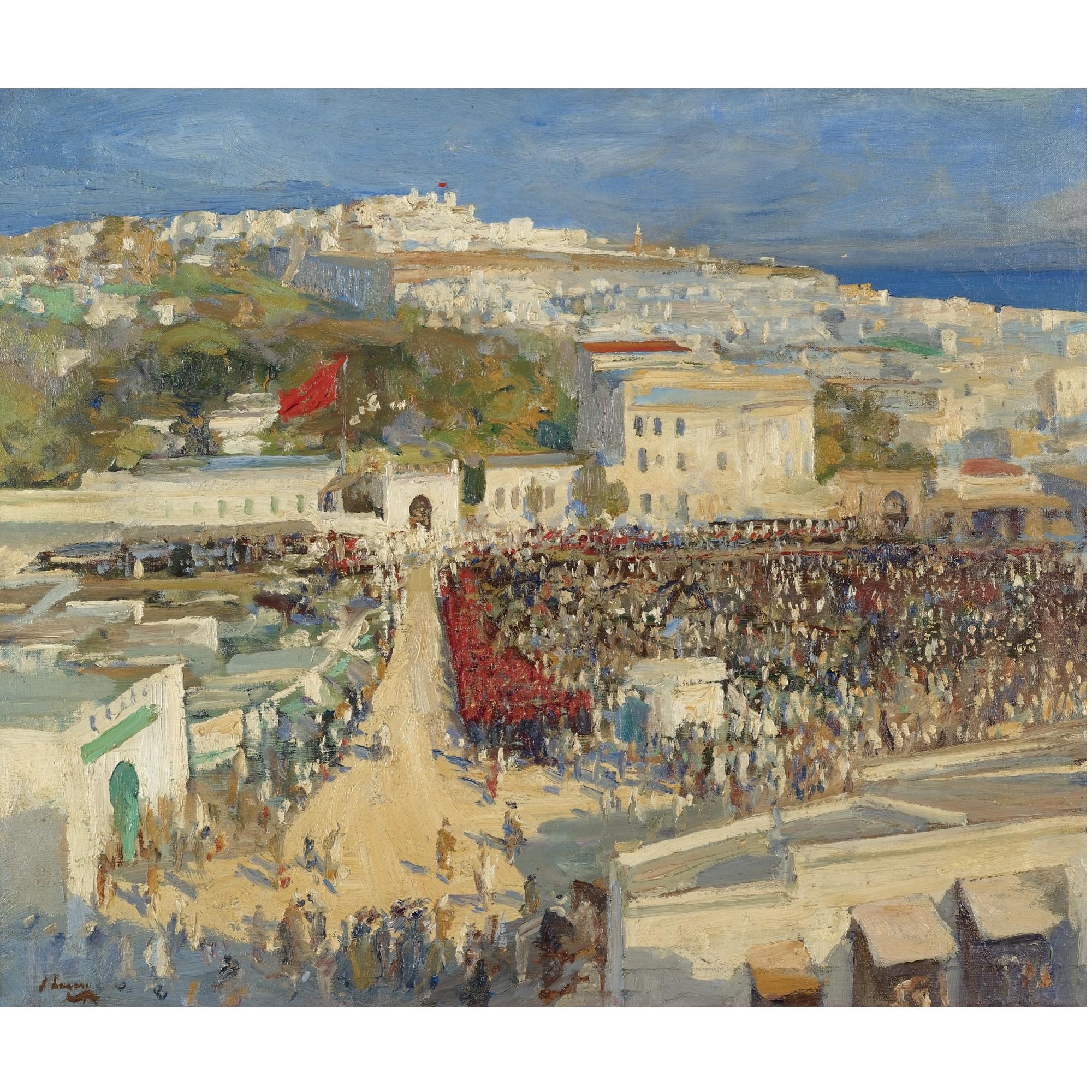 Artwork by John Lavery, The Moorish Flag hoisted on the German Legation, Tangier, Made of oil on canvas