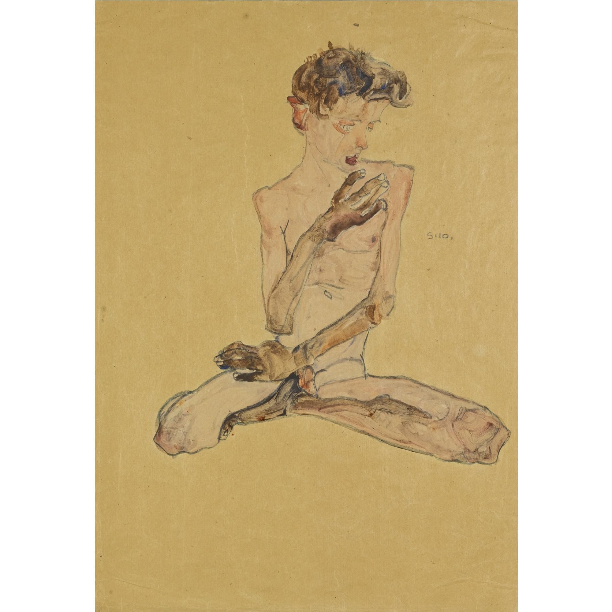 Artwork by Egon Schiele, SITZENDER JUNGE (SEATED BOY), Made of gouache, watercolour and pencil on paper