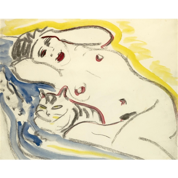 LIEGENDER WEIBLICHER AKT MIT KATZE (RECLINING FEMALE NUDE WITH CAT) - recto WEISSE KATZE (WHITE CAT) - verso
