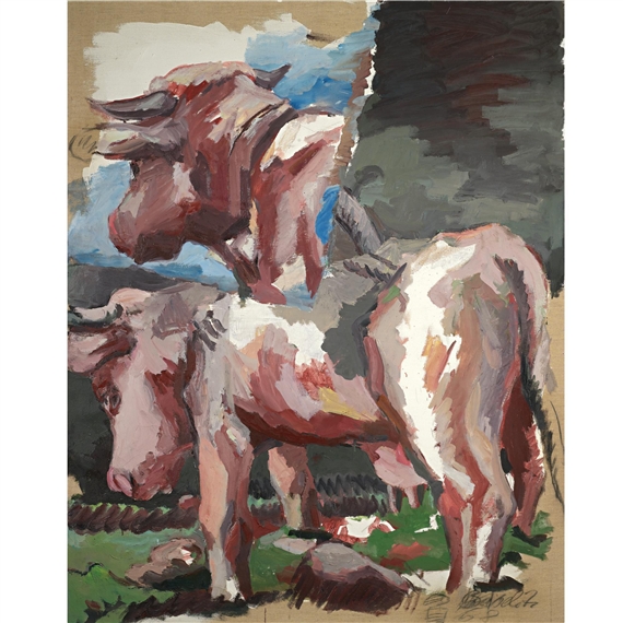 A vibrant oil painting of two cows in a pastoral landscape.