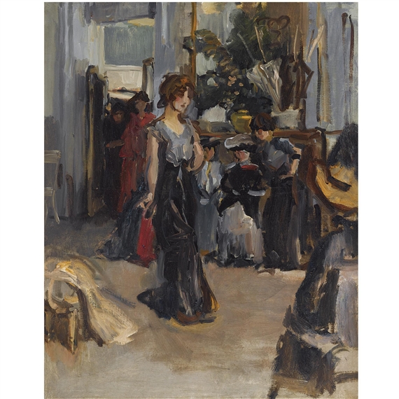 A loose, impressionistic interior scene featuring a central female figure in a dark dress amidst a group of people.