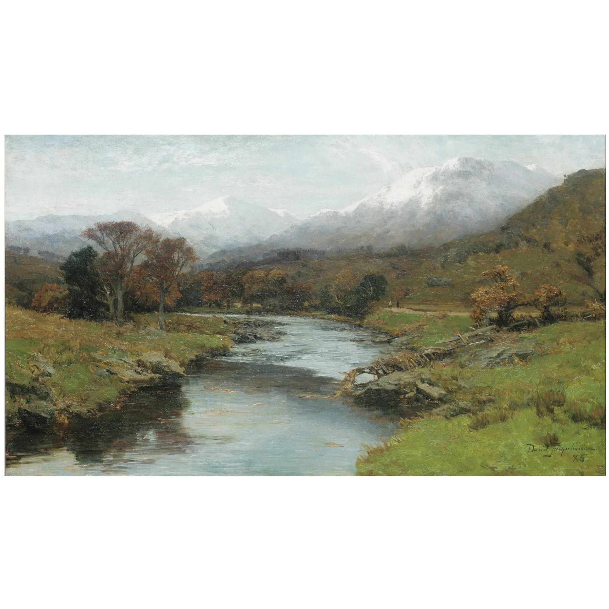 Artwork by David Farquharson, a scottish glen with snow capped peaks, Made of oil on canvas