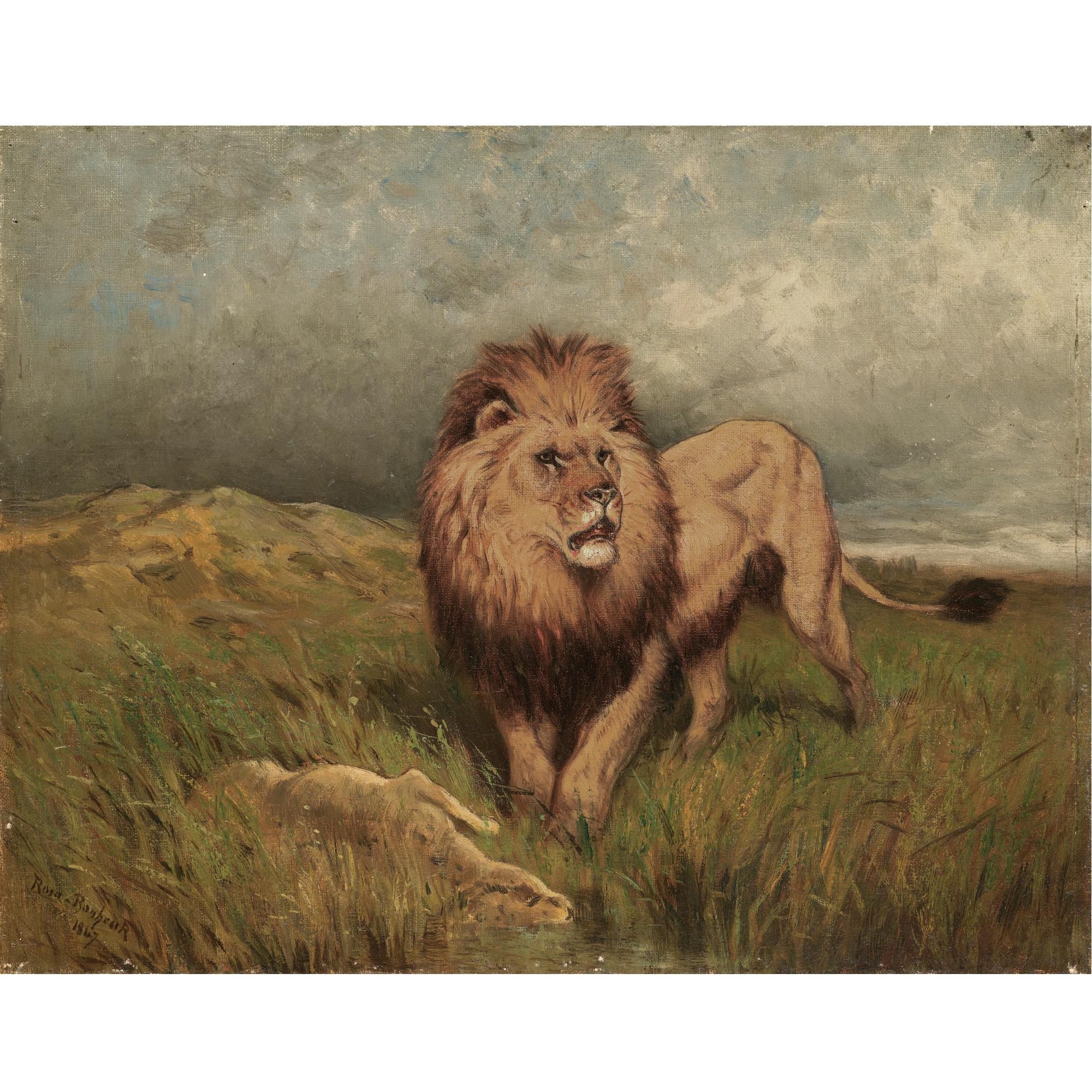 Artwork by Rosa Bonheur, Lion and Prey (The Kill), Made of oil on canvas