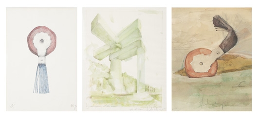 Typewriter Eraser, 1970; Proposal for Cathedral in the form of a Sink Faucet for Lake Union, Seattle, Washington, 1972; and Proposal for a Colossal Monument in the Form of a Typewriter Eraser for Alcatraz Island, 1975 by Claes Oldenburg