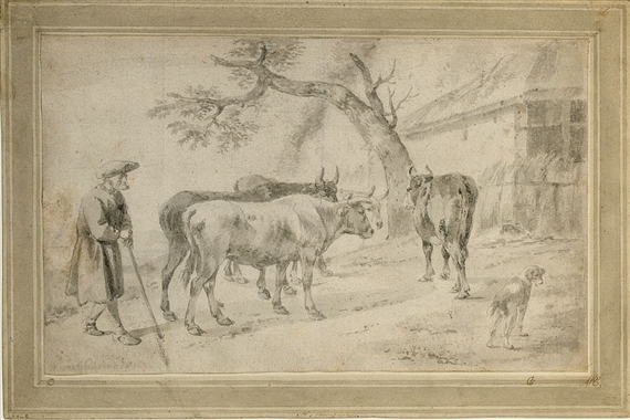 a) an elderly famer herding four cows, his dog to the right by Hendrick Verschuring
