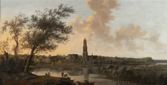 A panoramic view of Rhenen seen from the west, along the bank of the river rhine by Anthonie Jansz. van der Croos