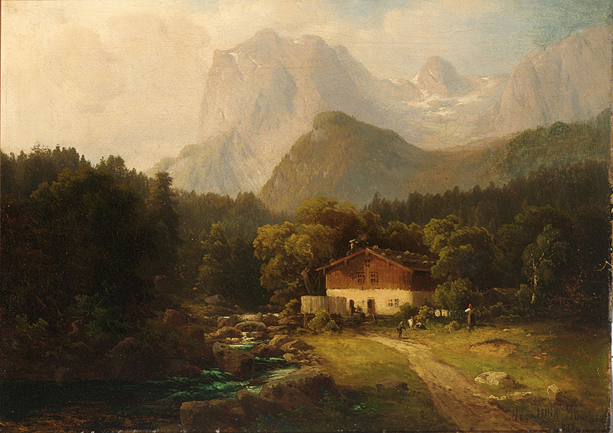 Artwork by Hugo Moro, figures before a farmhouse in an alpine landscape, Made of oil on canvas