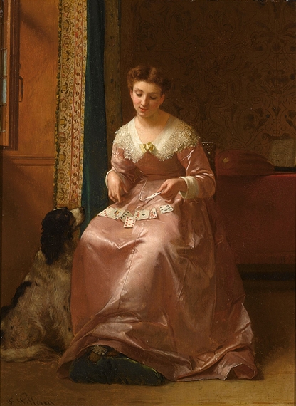 a young girl in a pink dress with playing cards by Florent Willems