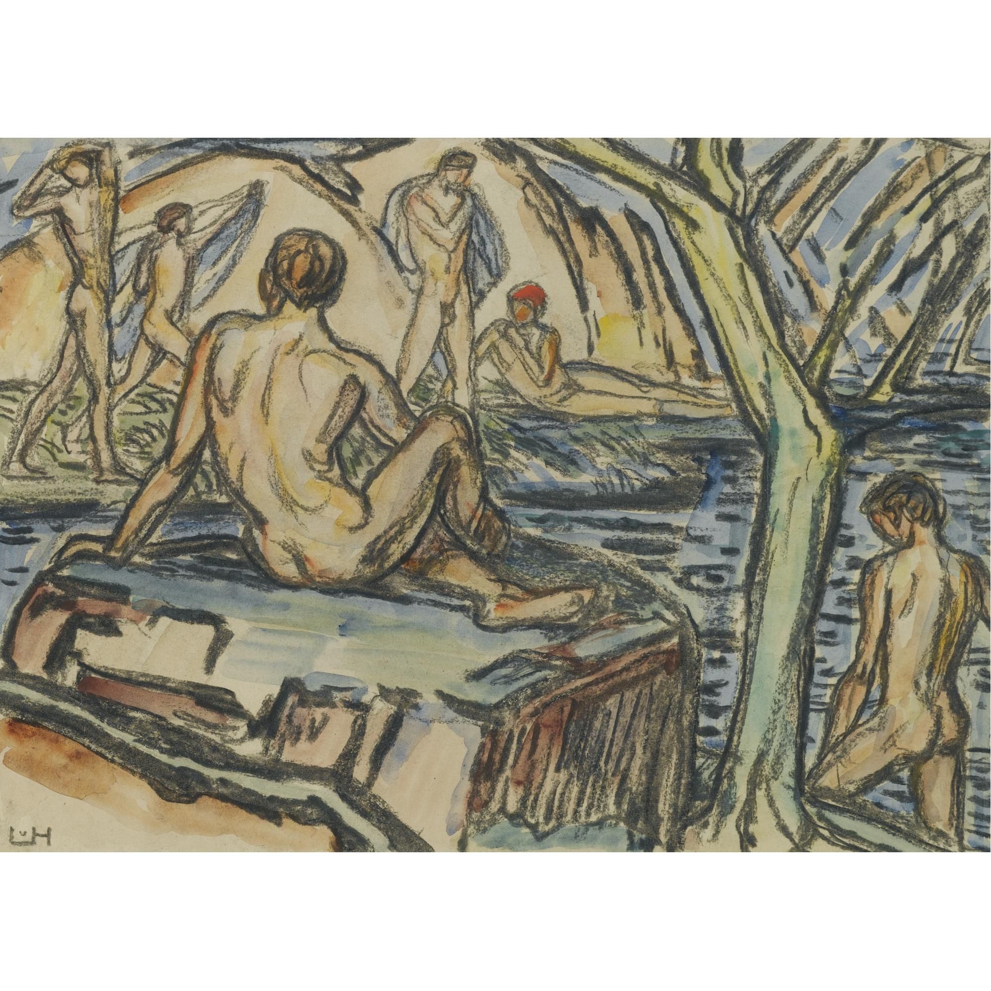 Artwork by Ludwig von Hofmann, Badende (Bathing), Made of mixed media on paper
