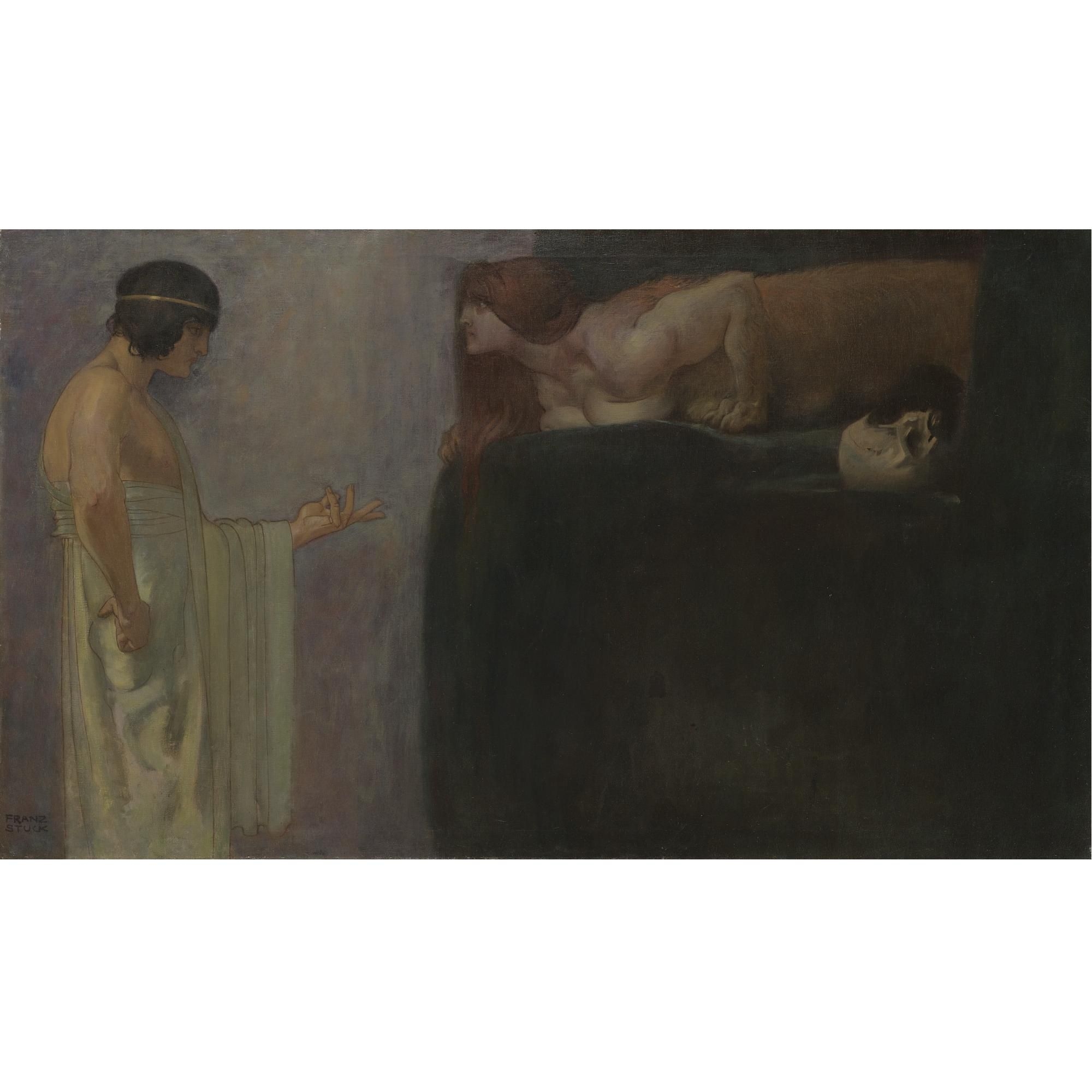 Artwork by Franz von Stuck, Ödipus Löst das Rätsel der Sphinx (Oedipus Solves the Riddle of the Sphinx), Made of oil on canvas