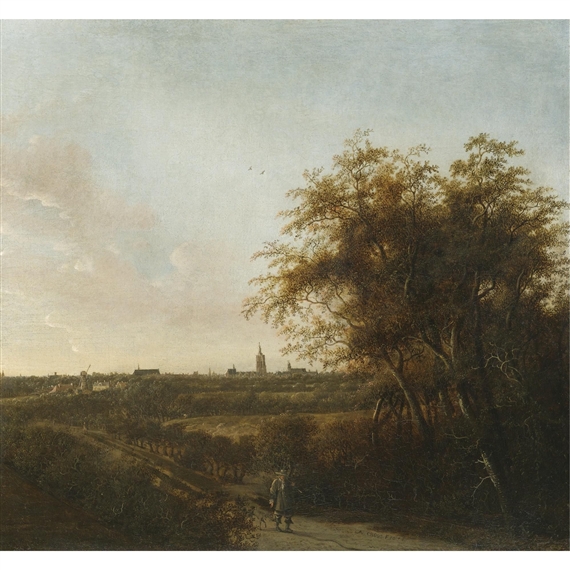 An extensive landscape with a man and his dog on a sandy road, The Hague in the distance by Anthonie Jansz. van der Croos