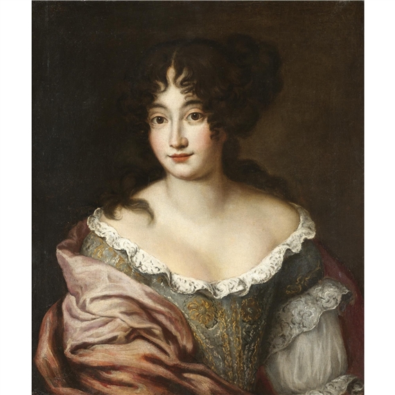 Portrait of lady, half length, wearing a richly embroidered dress and a pink shawl by Jacob Ferdinand Voet