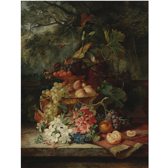 Still life with grapes, cherries, peaches, and flowers in a double-tiered gilt dish, a carpet and an orange, all resting on a ledge with a balustrade and a garden landscape beyond - Simon Saint-Jean