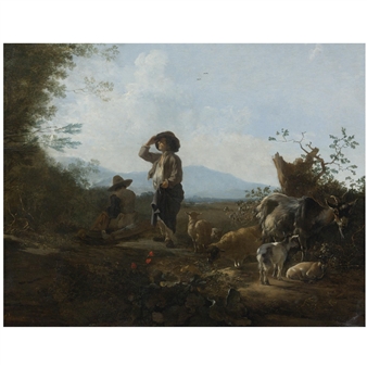 An Italianate Landscape with Shepherds resting with their flock Picture