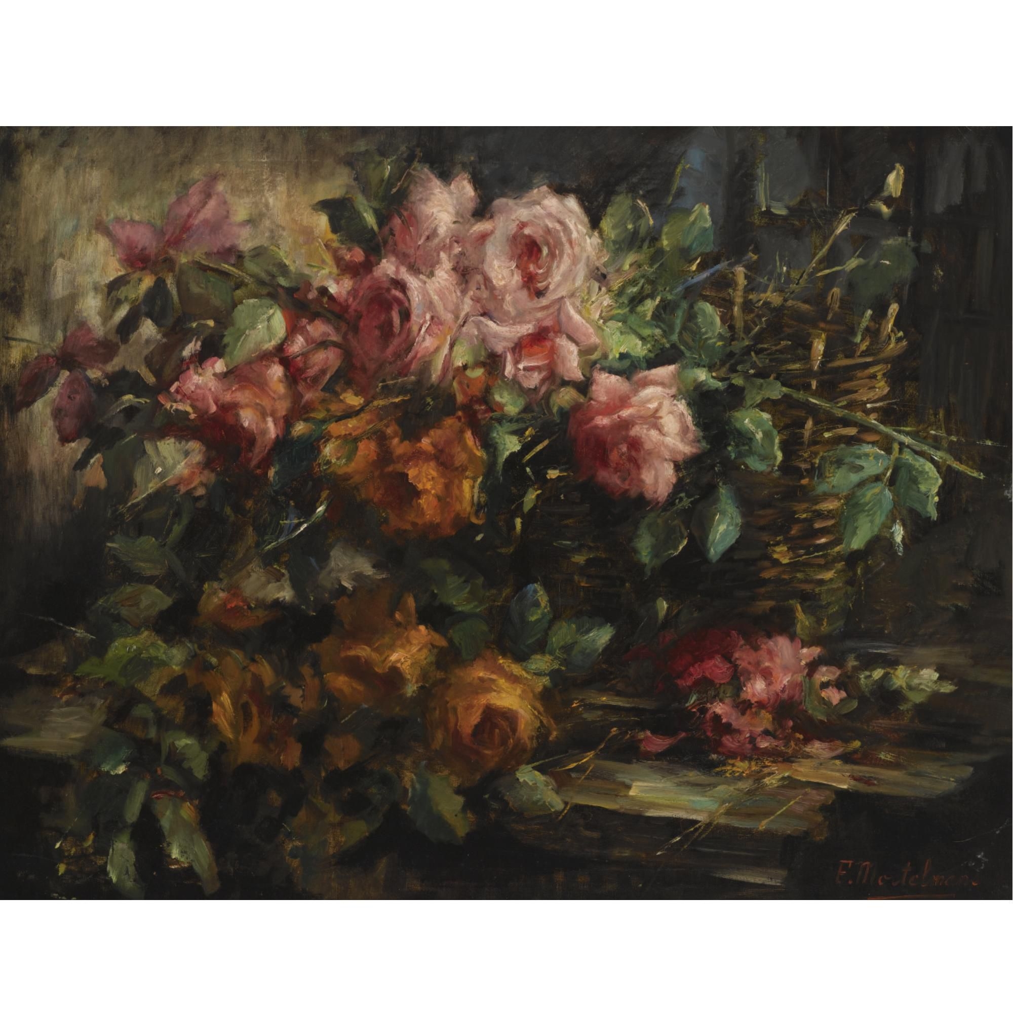 Frans Mortelmans | stil life with roses in a basket | MutualArt