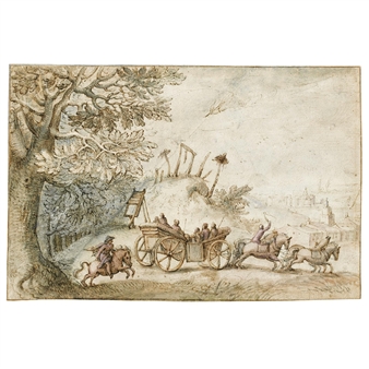 Landscape with a coach and four driving from woods past a gibbet, towards a town - Matthäus Merian the Elder